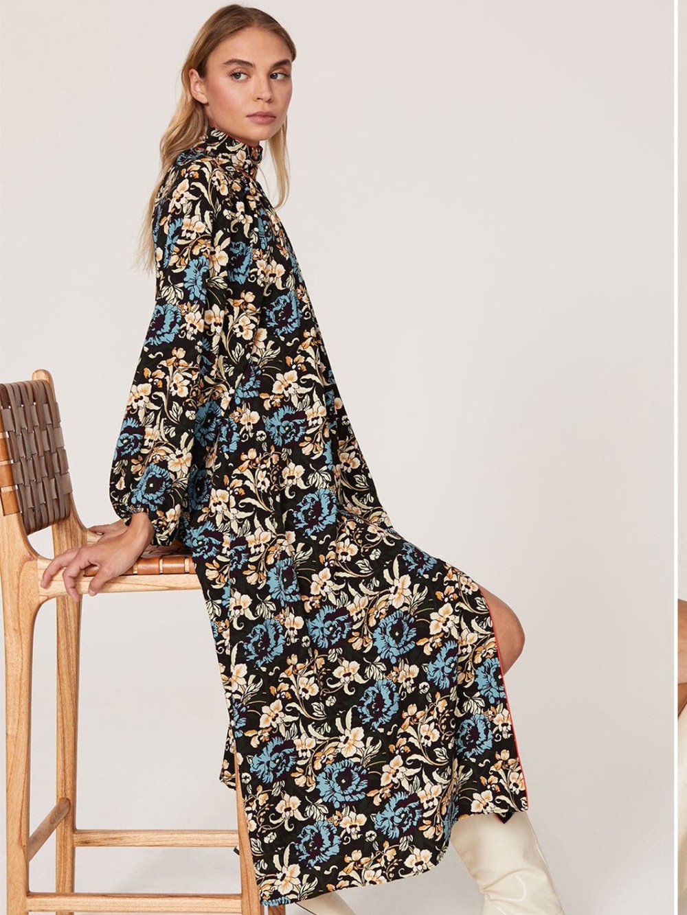 RHODE Fay floral long sleeve midi dress mock neck slit multicolor size XS